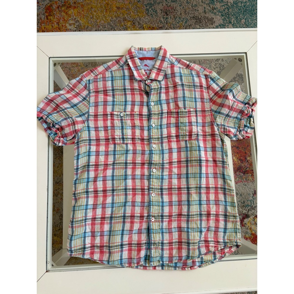 Tommy Bahama Relax Mens Medium Plaid Linen Blend Short Sleeve Button Down Shirt